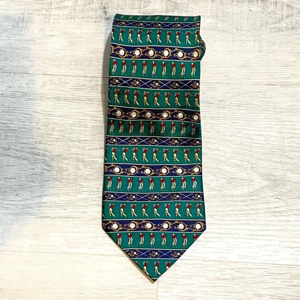 Golf Neck Tie Handmade 100% Silk - Green and Blue Novelty Tie